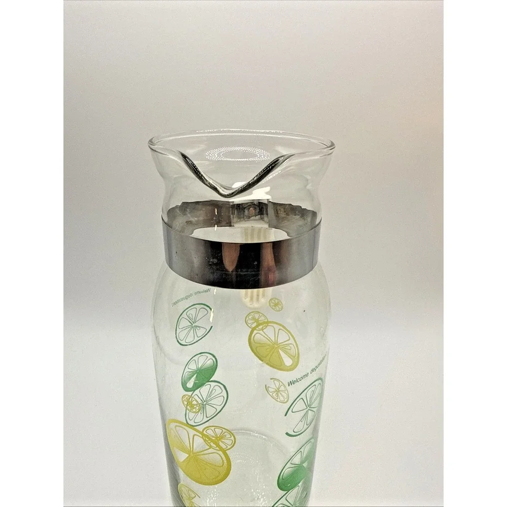 Vintage Pyrex Lemon Lime Pitcher Carafe Lid Strainer 1 Qt Welcome Degustation